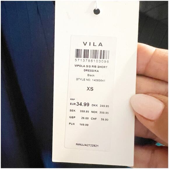 VILA Vipola Black Ribbed Short Sleeve Collard Mini Dress - Sz XS - NWT - Picture 10 of 12